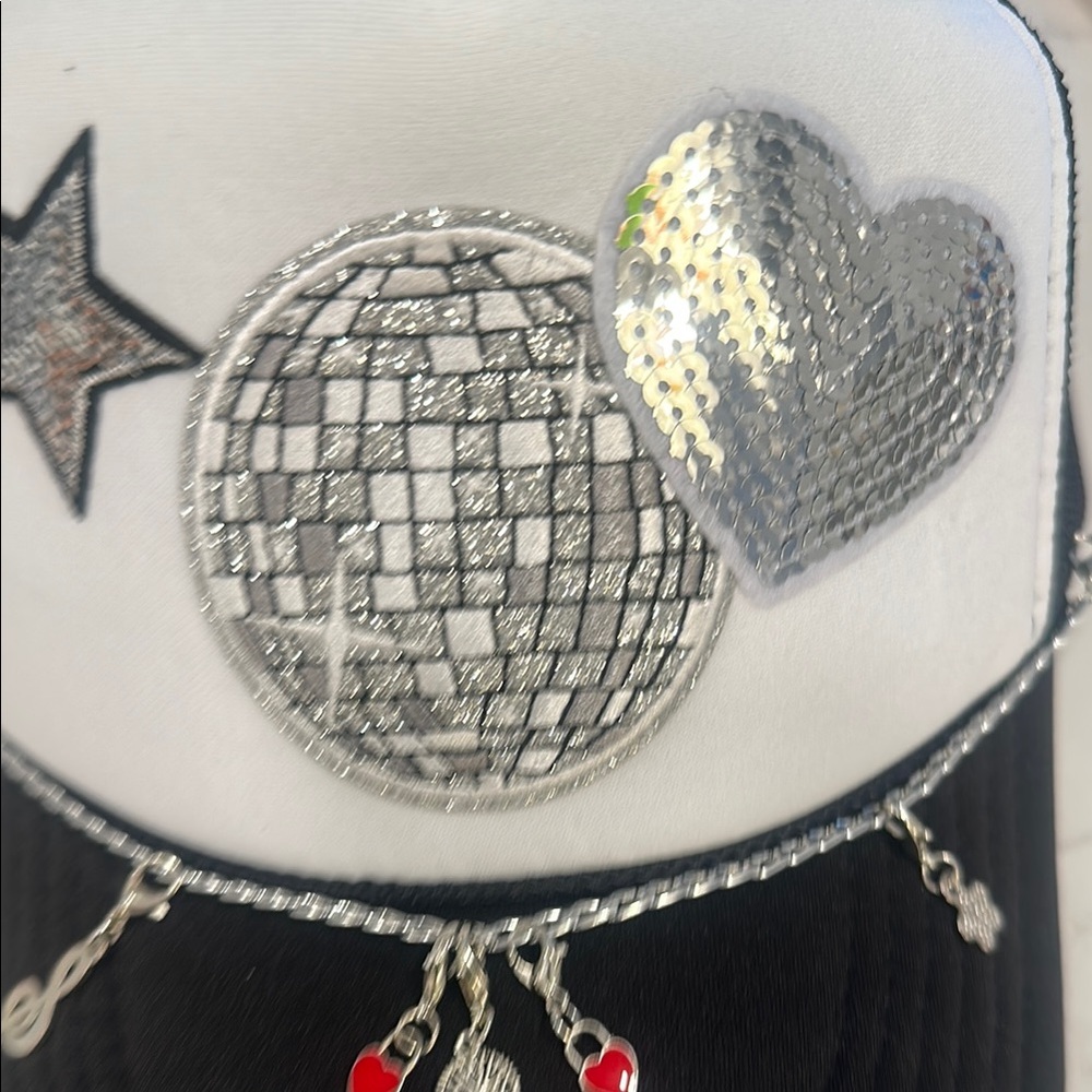 White and Black Cap with Silver Sequin Heart